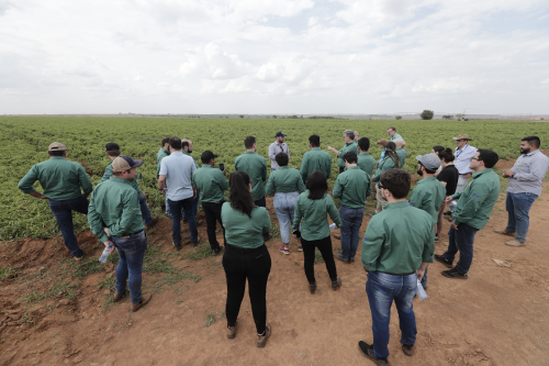 A group of people in green jackets stands in a field, listening to a speaker under a cloudy sky.