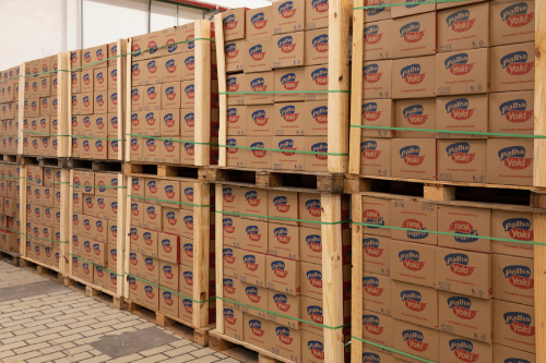 Stacks of cardboard boxes on wooden pallets in a warehouse with "Palha Yoki" printed on each box.