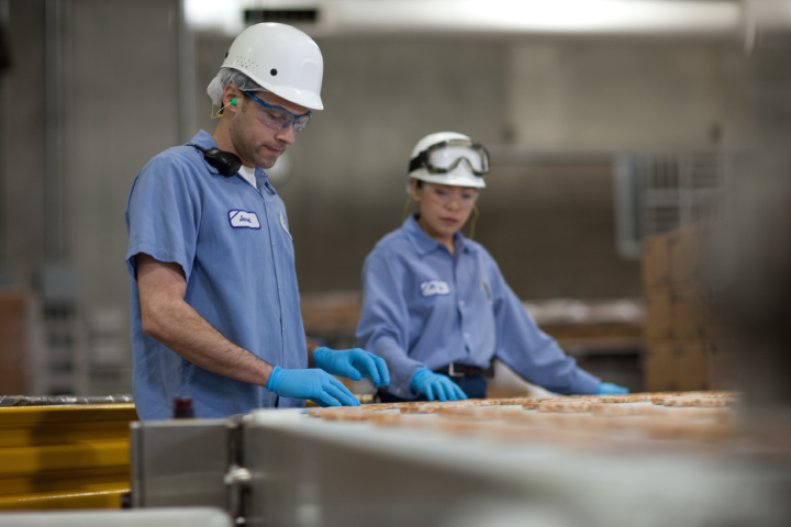 Two workers in blue uniforms, safety helmets, goggles, and gloves inspect pizzas on a production line in a factory setting.